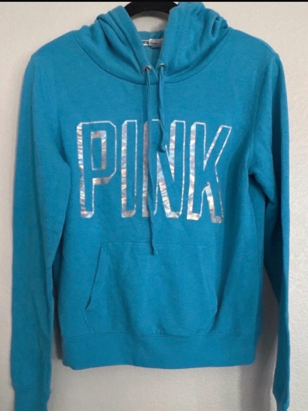 Vintage PINK Victoria's Secret Turquoise Blue Pullover Hoodie with Silver Logo